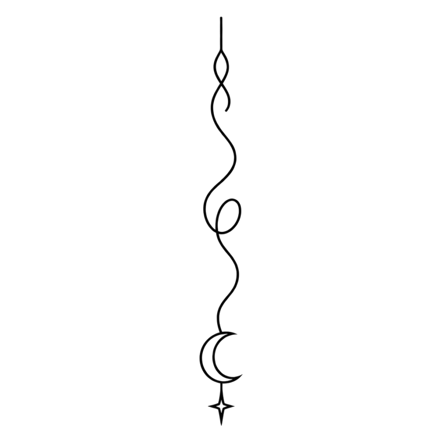 Minimalist single line tattoo ending in a crescent moon along the spine