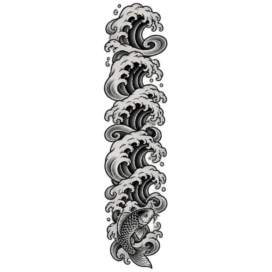 Japanese irezumi tattoo of stacked waves and a koi descending the spine