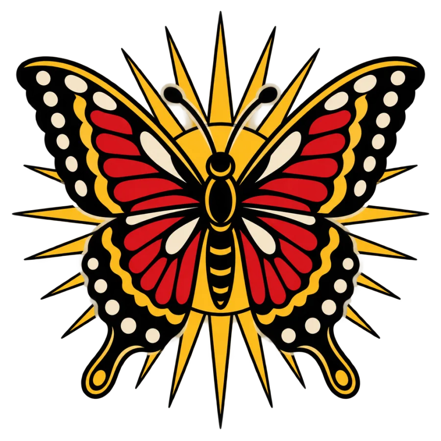 American traditional tattoo of a butterfly over a sunburst for the thigh