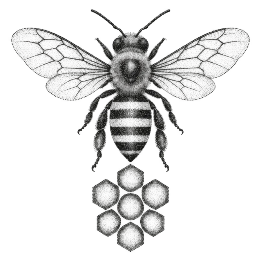 Dotwork tattoo of a honeybee above honeycomb hexagons for the thigh