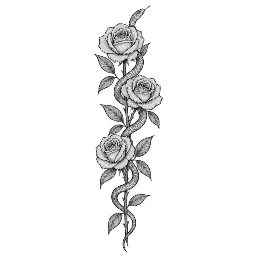 Fine line tattoo design of a serpent coiled around a tall rose stem