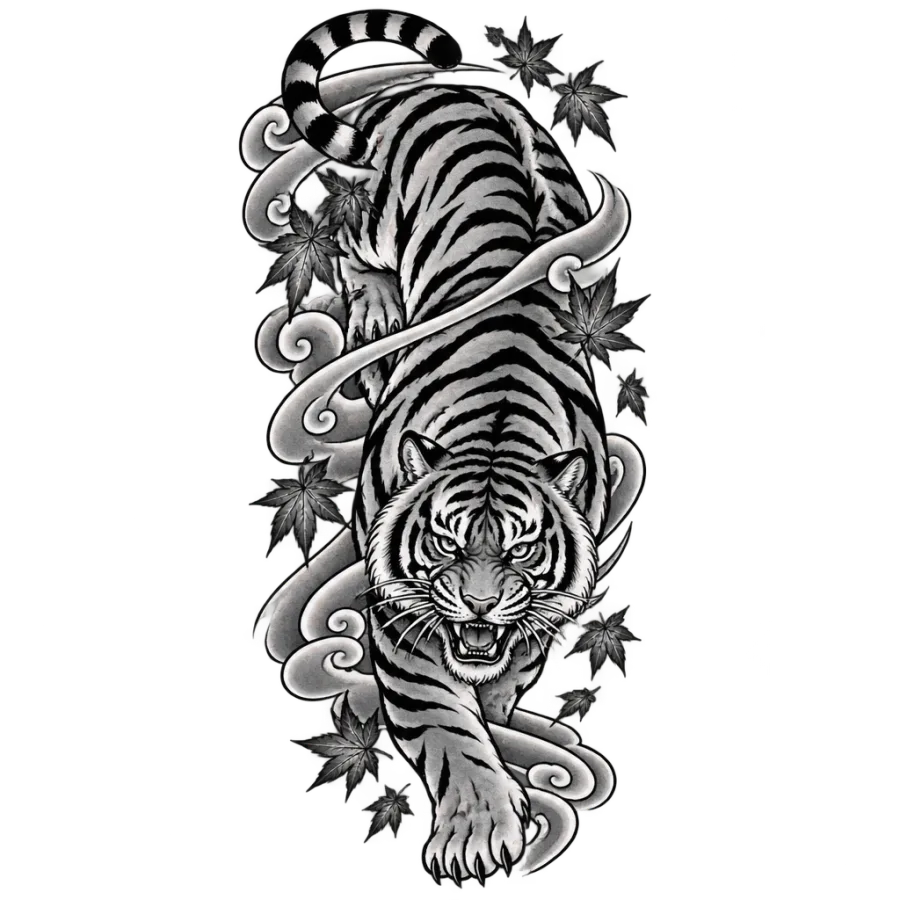 Japanese irezumi tattoo of a prowling tiger with maple leaves on the thigh