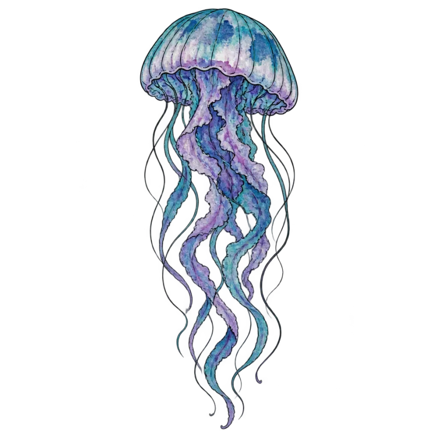 Watercolor tattoo of a jellyfish with trailing tentacles sized for the thigh