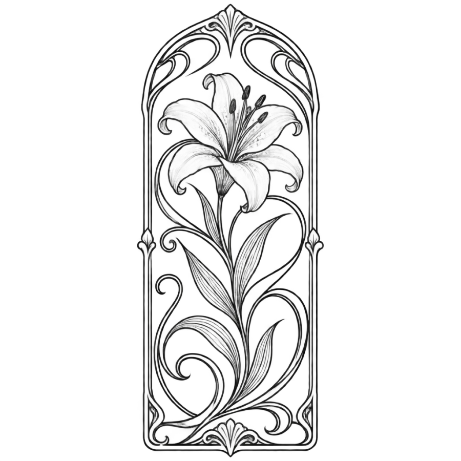 Art nouveau ornamental tattoo of an arched frame and lily thigh panel
