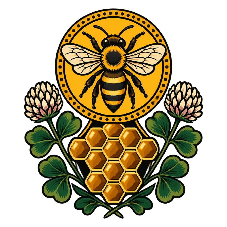 Neo traditional tattoo design of a honeybee over honeycomb and clover