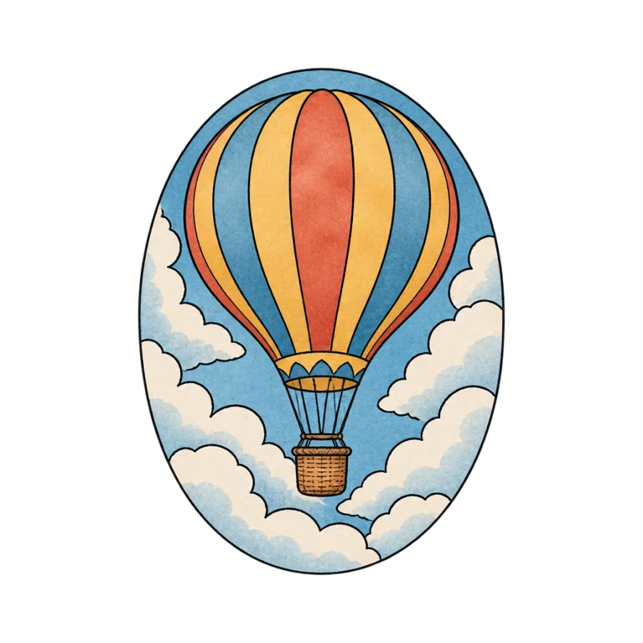 Watercolor tattoo design of a hot air balloon drifting among clouds