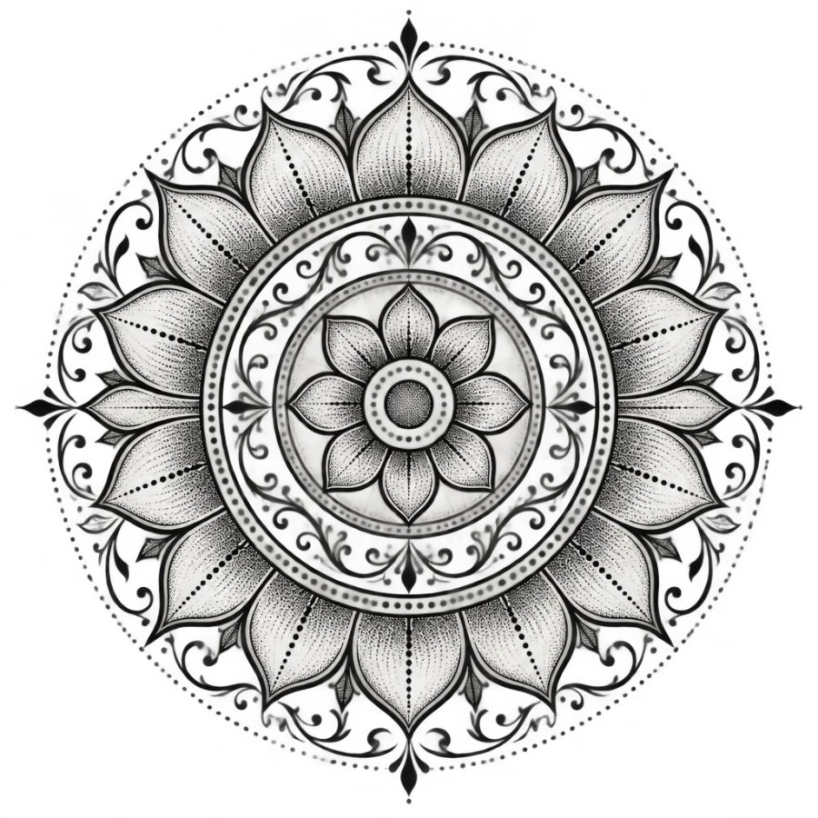 Dotwork mandala medallion tattoo sized to sit on the outer upper arm