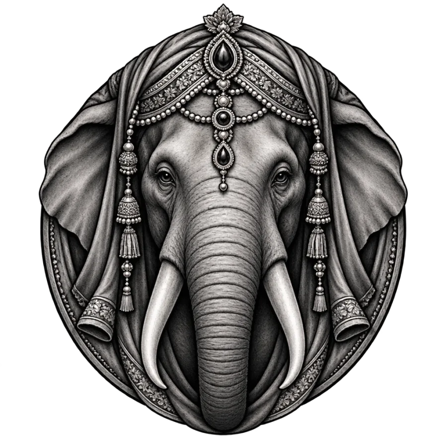 Black and grey realism tattoo design of an elephant head in an ornate headdress