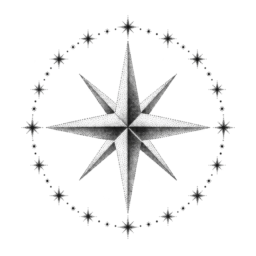 Dotwork stippling tattoo design of a compass rose medallion ringed by stars