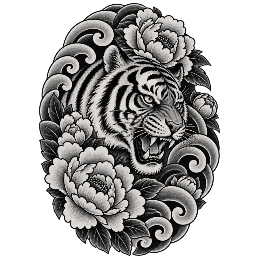 Japanese irezumi tattoo design of a tiger head among peony blossoms