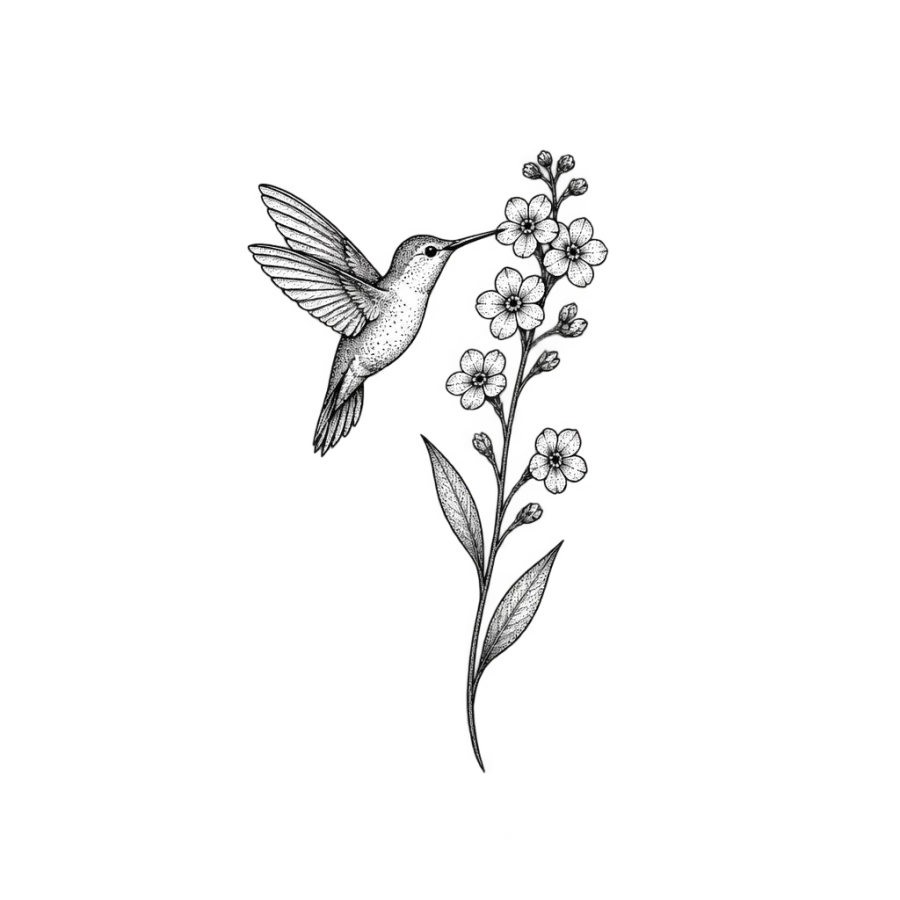 Fine line tattoo of a hummingbird and forget me nots sized small for the wrist