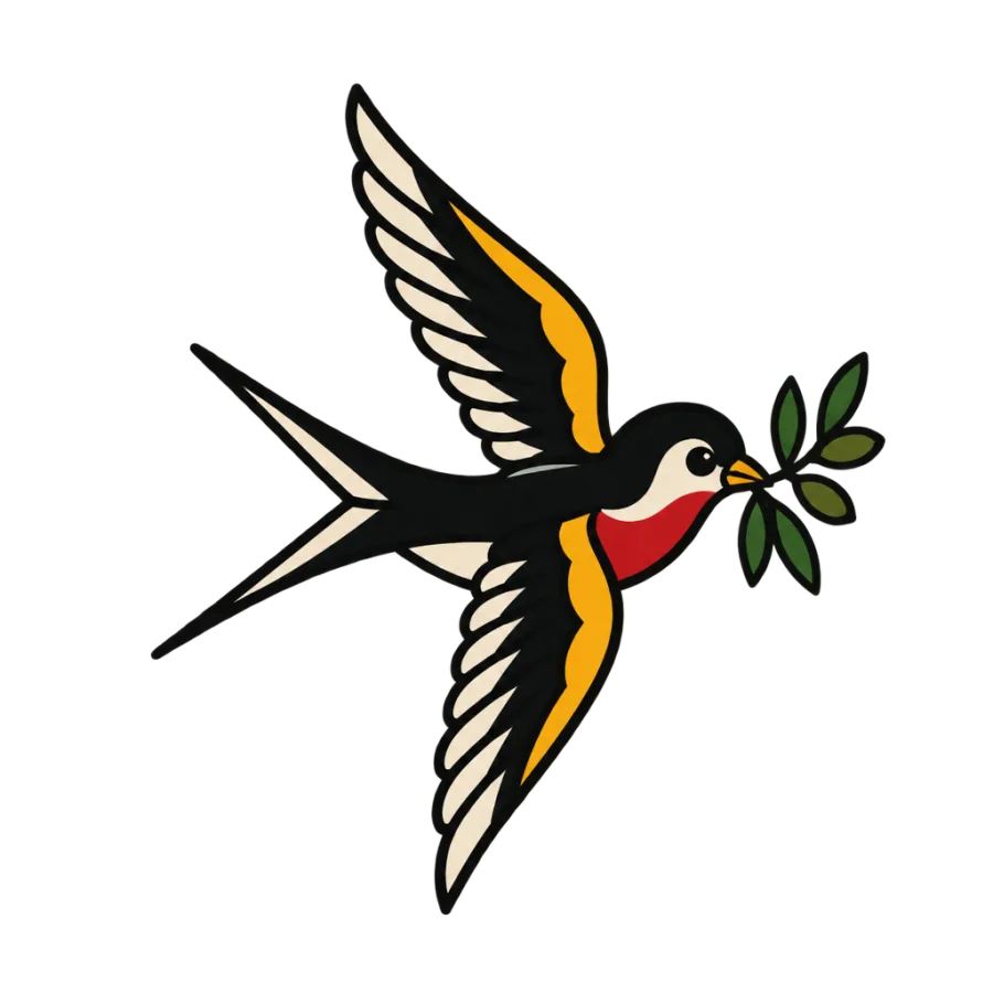 American traditional tattoo of a swallow with an olive branch sized for the wrist