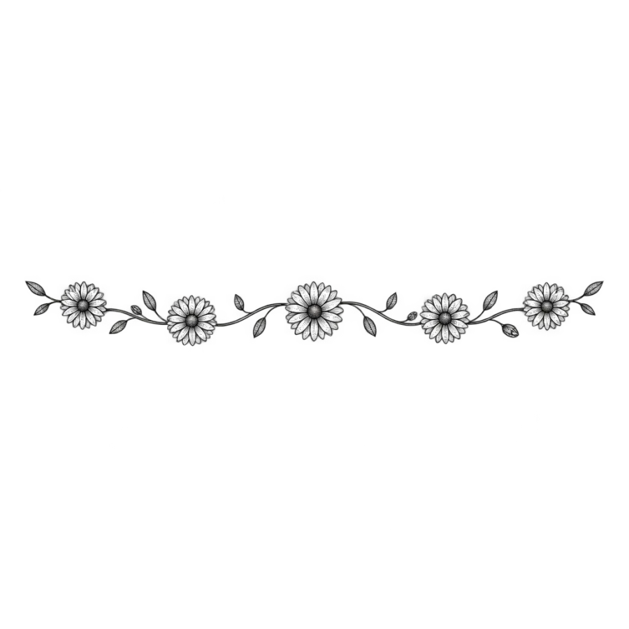 Fine line tattoo design of tiny daisies linked by a vine wrist band