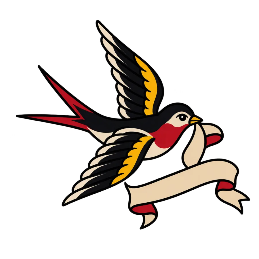 American traditional tattoo design of a swallow carrying a ribbon banner