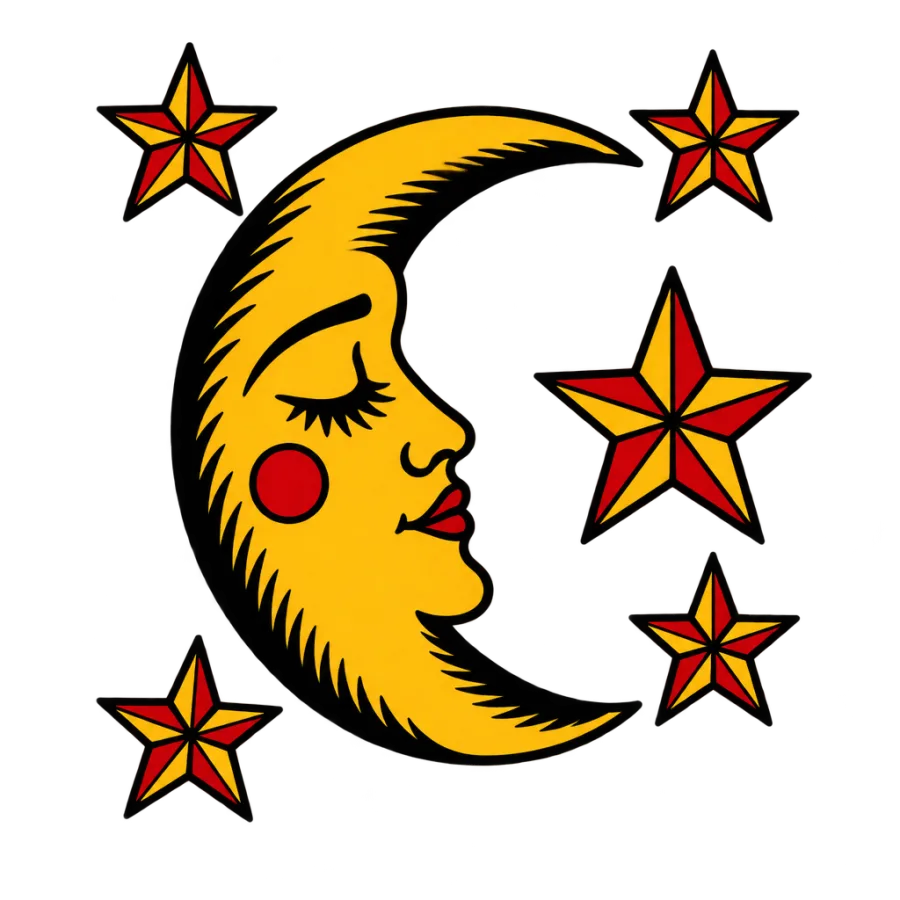 American traditional tattoo design of a sleeping crescent moon and stars
