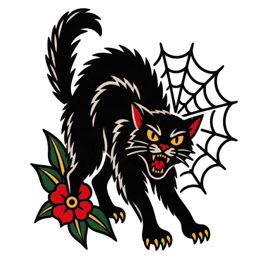 American traditional tattoo design of an arched black cat and spiderweb