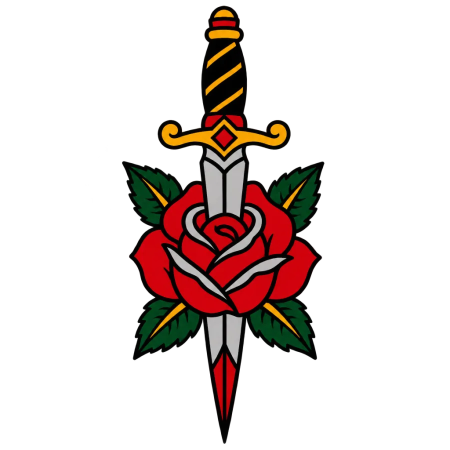 American traditional tattoo design of a dagger piercing a blooming red rose