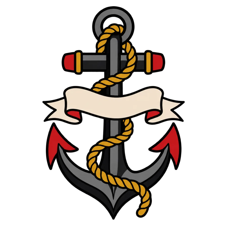American traditional tattoo design of a rope wrapped anchor with a banner