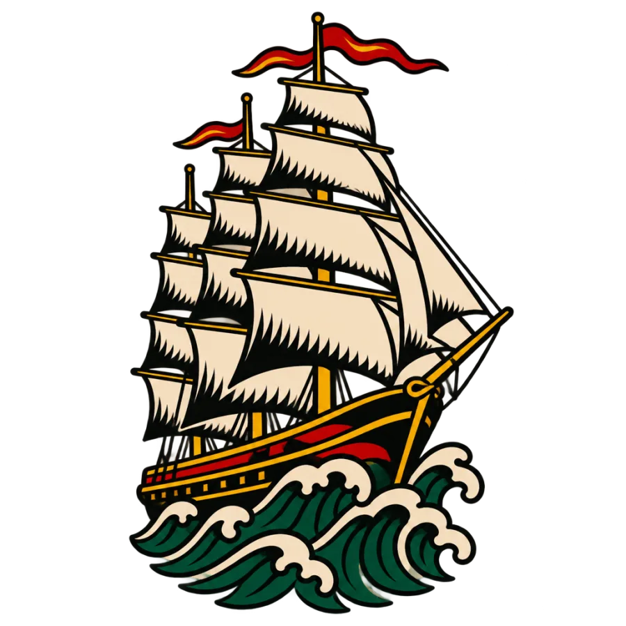 American traditional tattoo design of a tall ship sailing bold waves