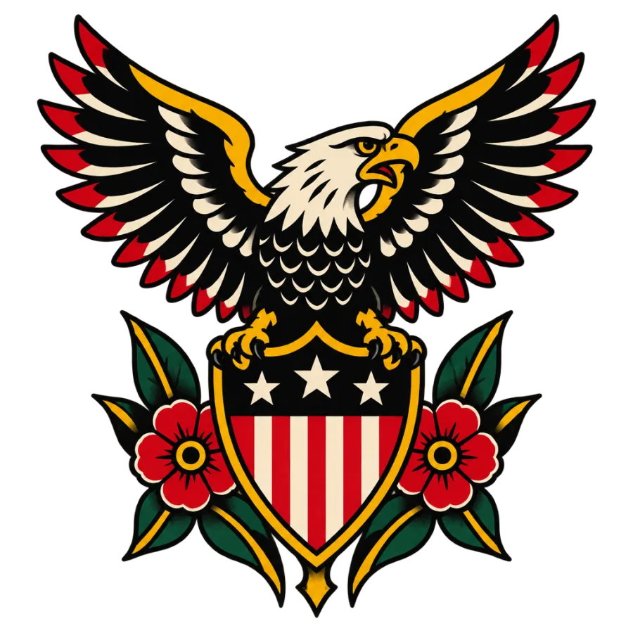 American traditional tattoo design of an eagle above a decorative shield