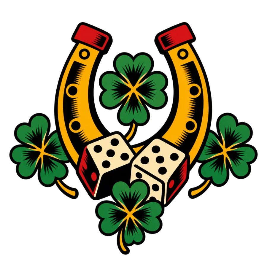 American traditional tattoo design of a horseshoe with clovers and dice