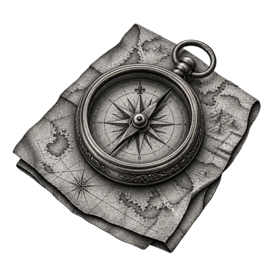 Black and grey realism tattoo design of an ornate compass on an old map