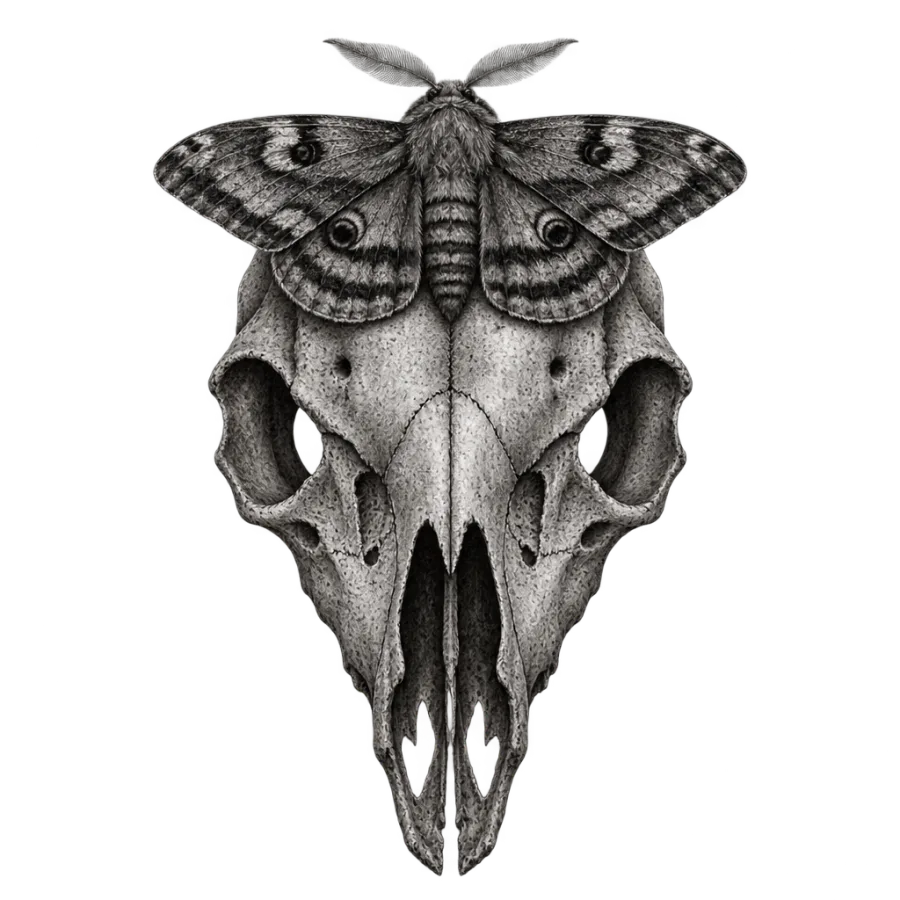 Black and grey realism tattoo design of an animal skull with a resting moth