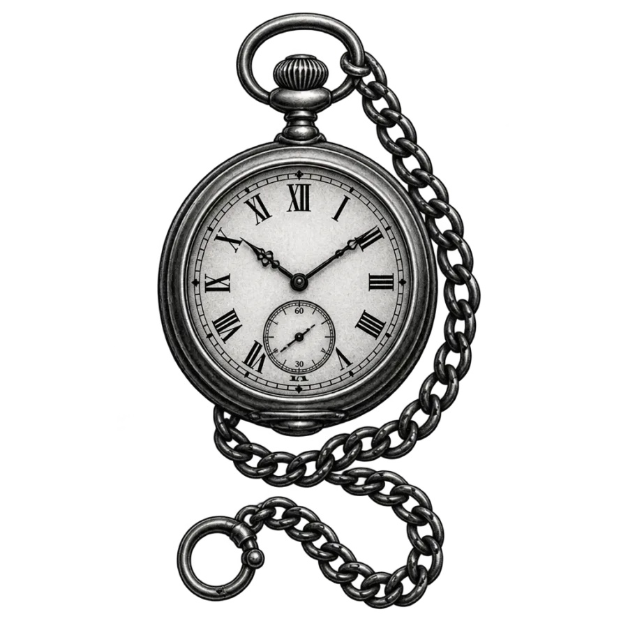 Black and grey realism tattoo design of an antique pocket watch and chain