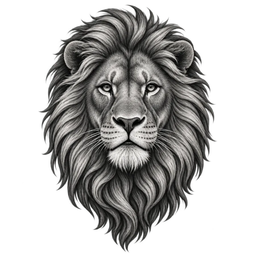 Black and grey realism tattoo design of a lion head with a flowing mane
