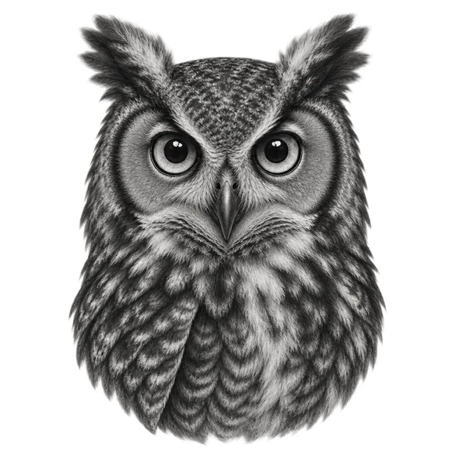 Black and grey realism tattoo design of an owl portrait with detailed feathers