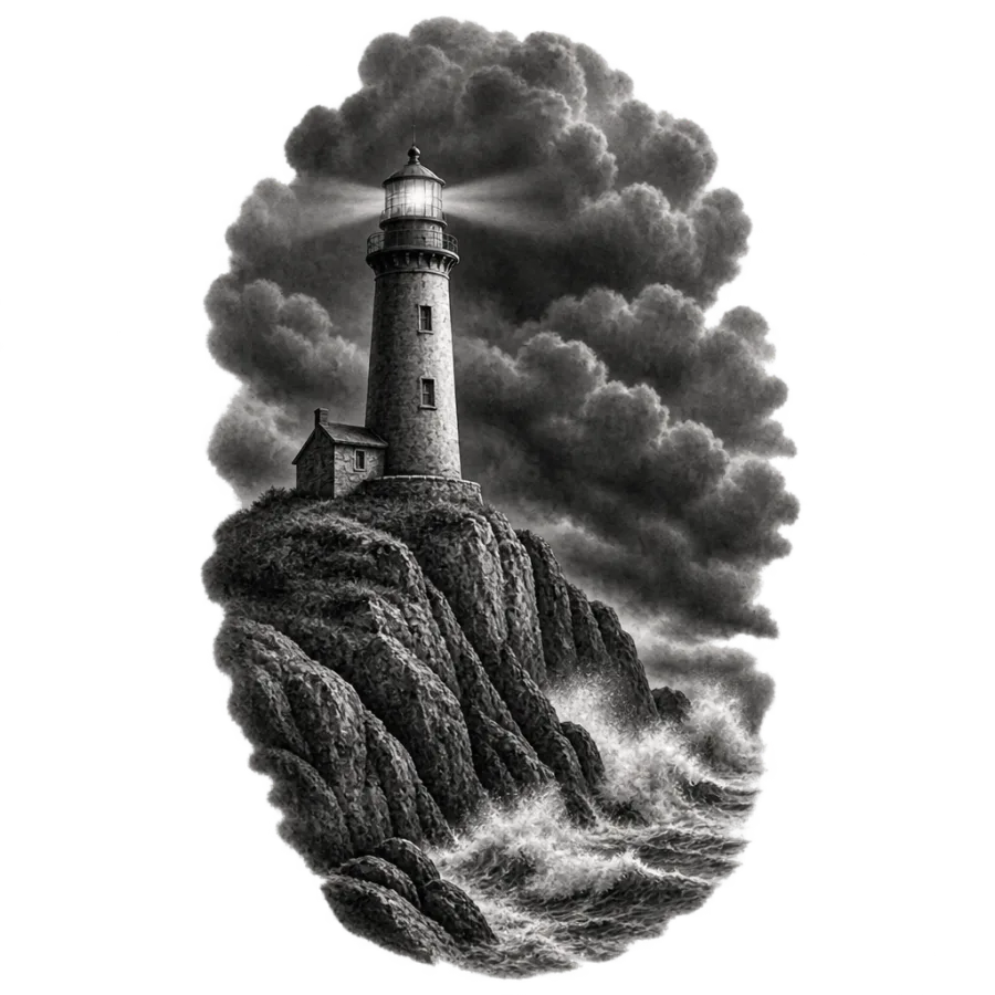Black and grey realism tattoo design of a cliff lighthouse under storm clouds