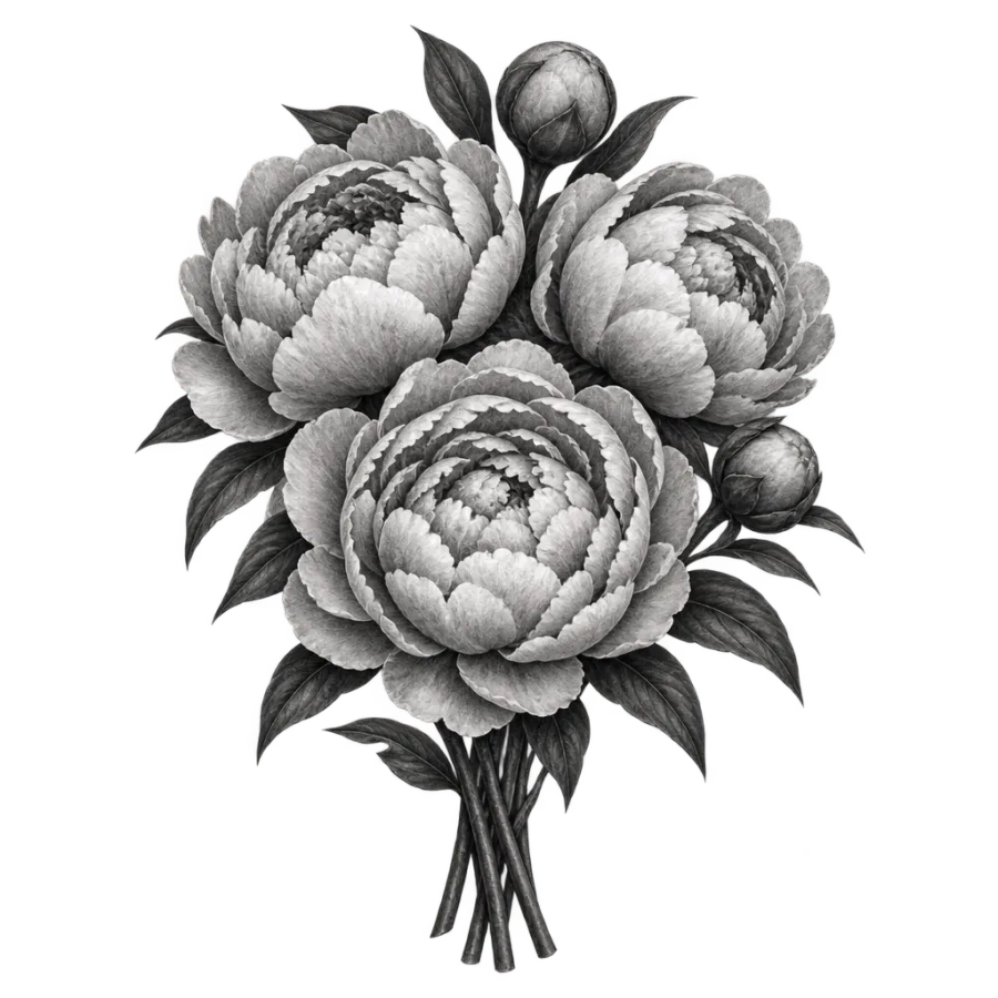 Black and grey realism tattoo design of a peony bouquet with layered petals