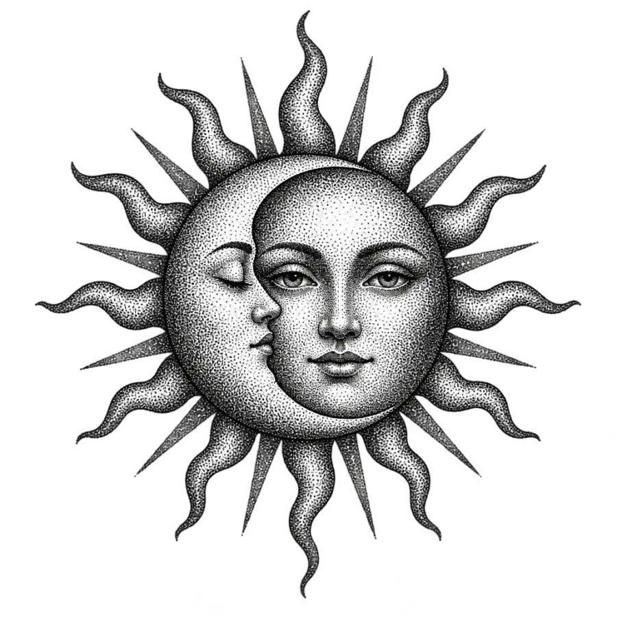 Dotwork tattoo design of a stippled sun and crescent moon face emblem
