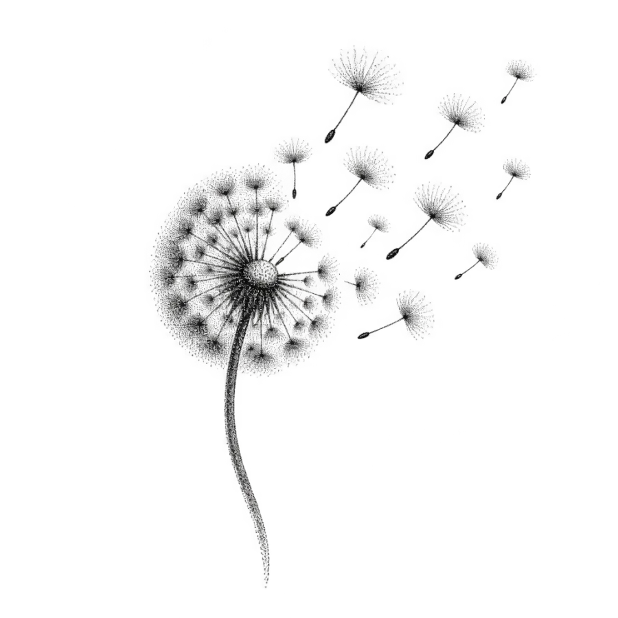 Dotwork tattoo design of a dandelion clock with seeds drifting away