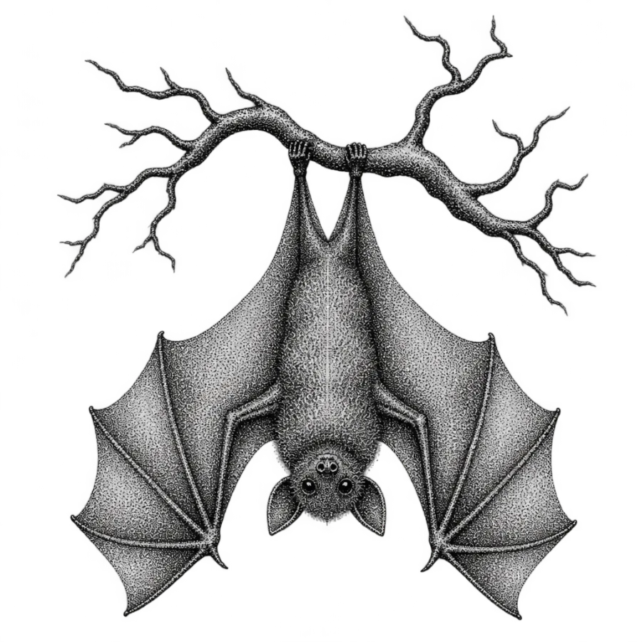 Dotwork tattoo design of a bat hanging with spread wings beneath a branch