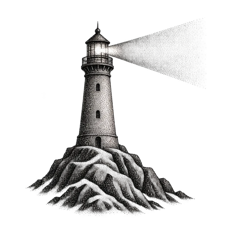 Dotwork tattoo design of a lighthouse on rocks casting a beam of light
