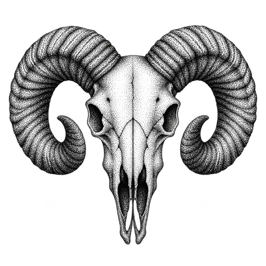 Dotwork tattoo design of a ram skull with large curled horns