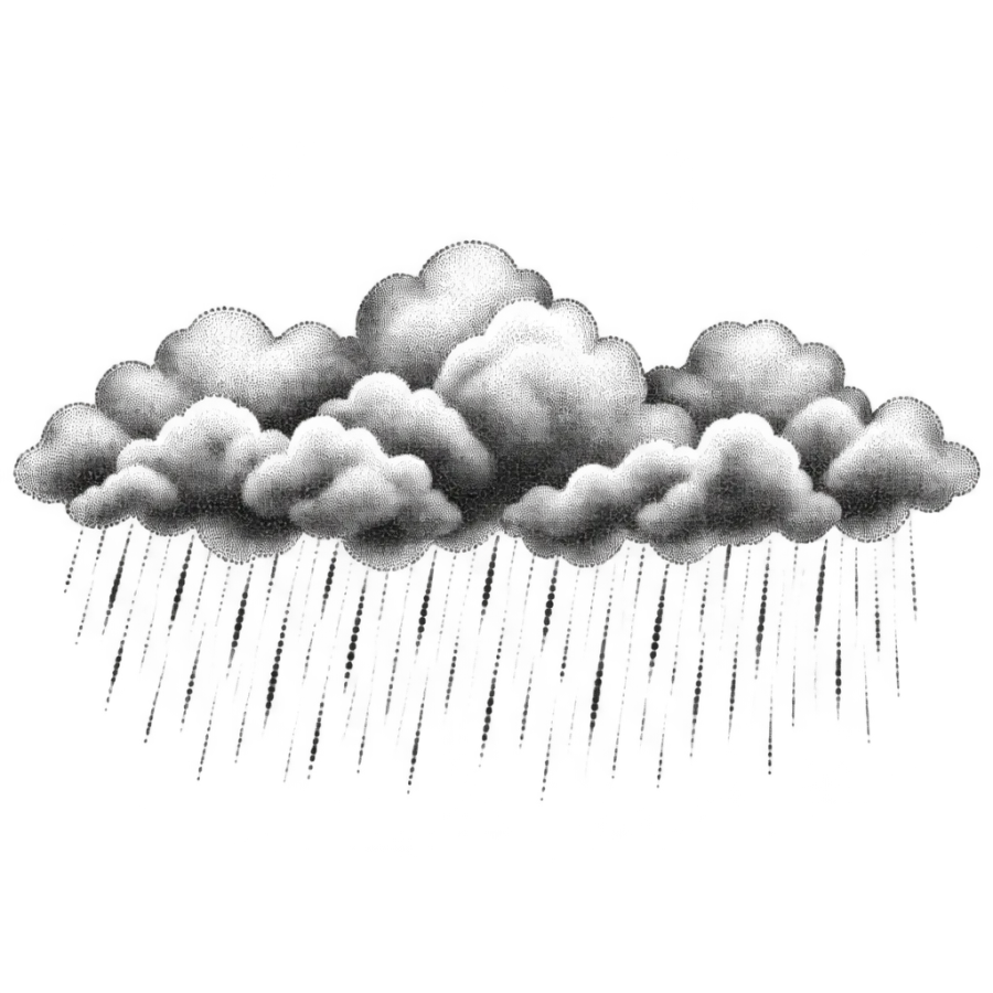 Dotwork tattoo design of a wide band of storm clouds and falling rain
