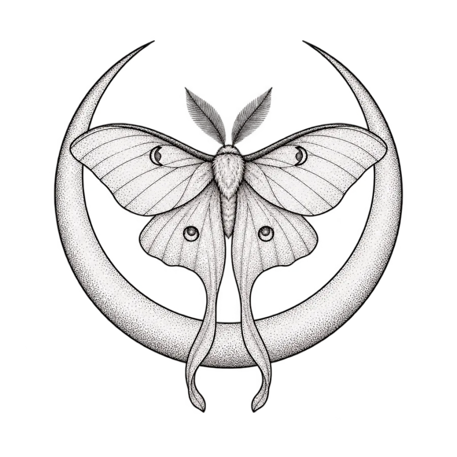 Fine line tattoo design of a luna moth resting inside a crescent moon