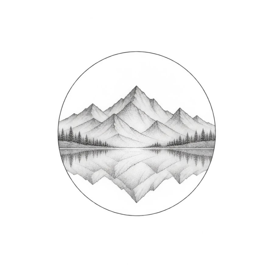 Fine line tattoo design of mountains reflected in a lake within a circle