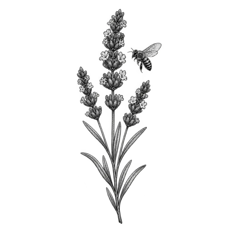 Fine line tattoo design of a lavender sprig with a hovering honeybee
