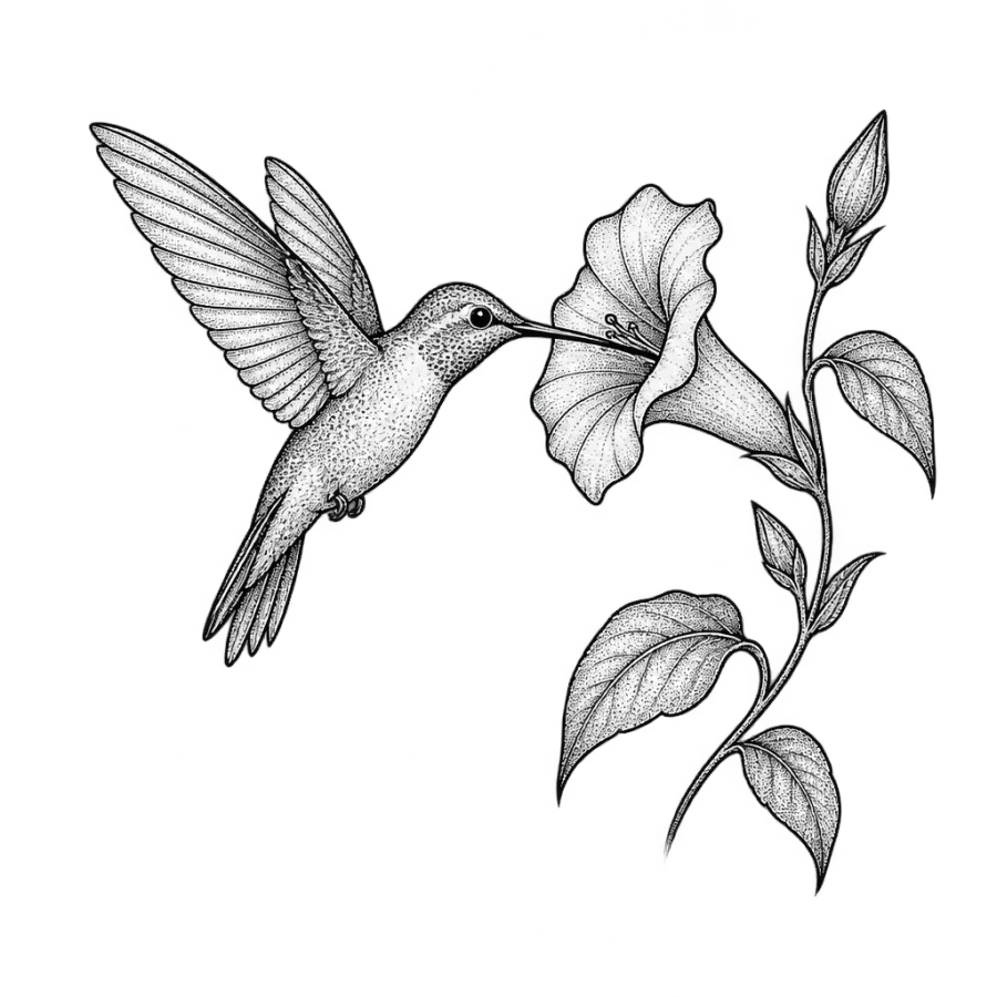 Fine line tattoo design of a hummingbird feeding at a trumpet flower
