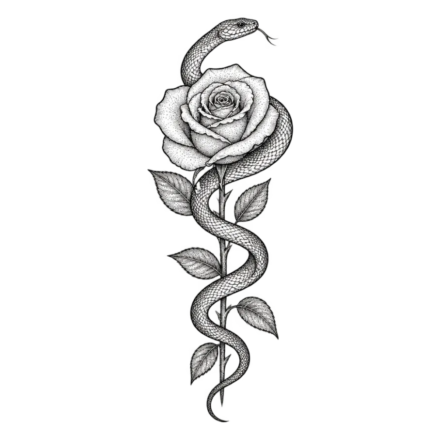 Fine line tattoo design of a slender snake coiled around a rose