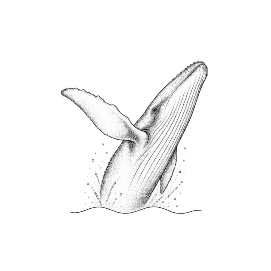Fine line tattoo design of a whale breaching above a slim wave