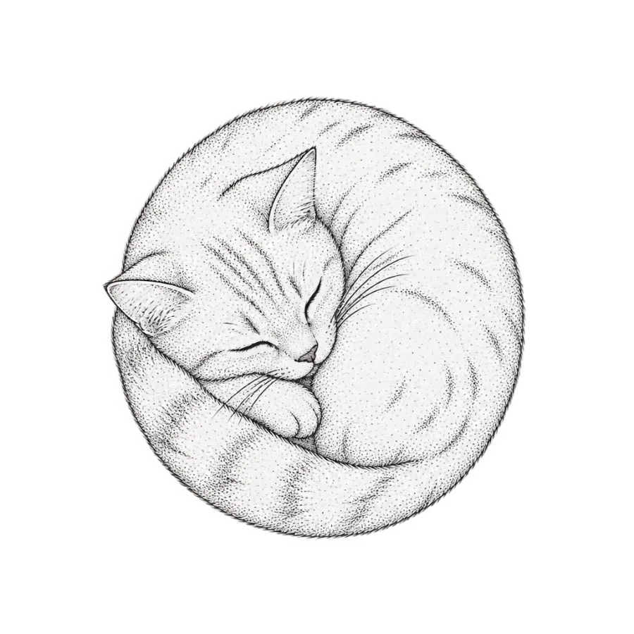 Fine line tattoo design of a cat curled asleep in a circle