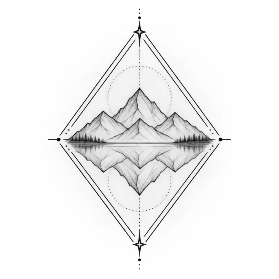 Geometric tattoo design of mountains mirrored in water inside a diamond
