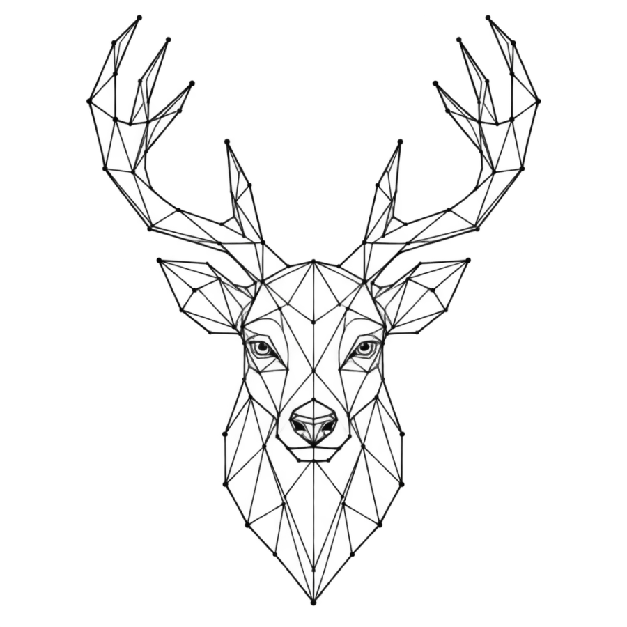 Geometric tattoo design of a stag head built from faceted triangles