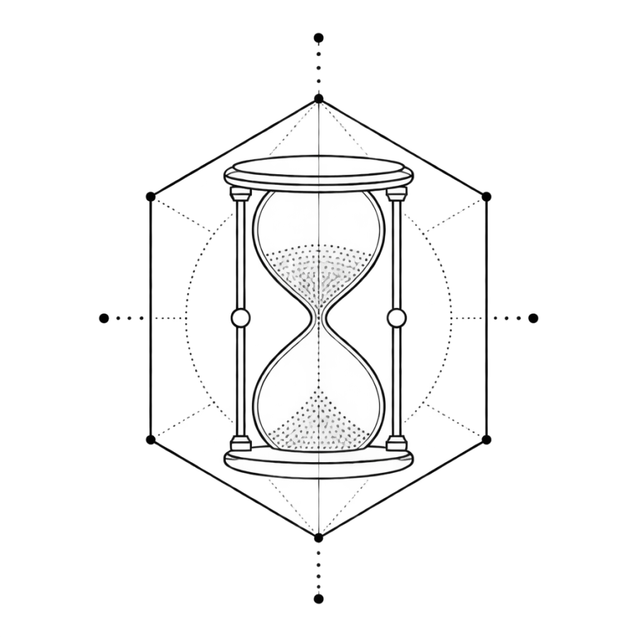 Geometric tattoo design of an hourglass framed inside a hexagon outline