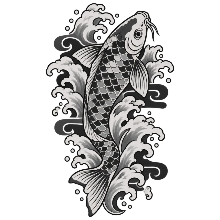 Japanese irezumi tattoo design of a koi swimming through curling waves
