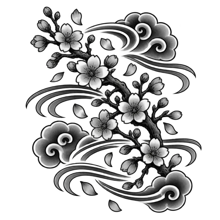 Japanese irezumi tattoo design of a cherry blossom branch with falling petals